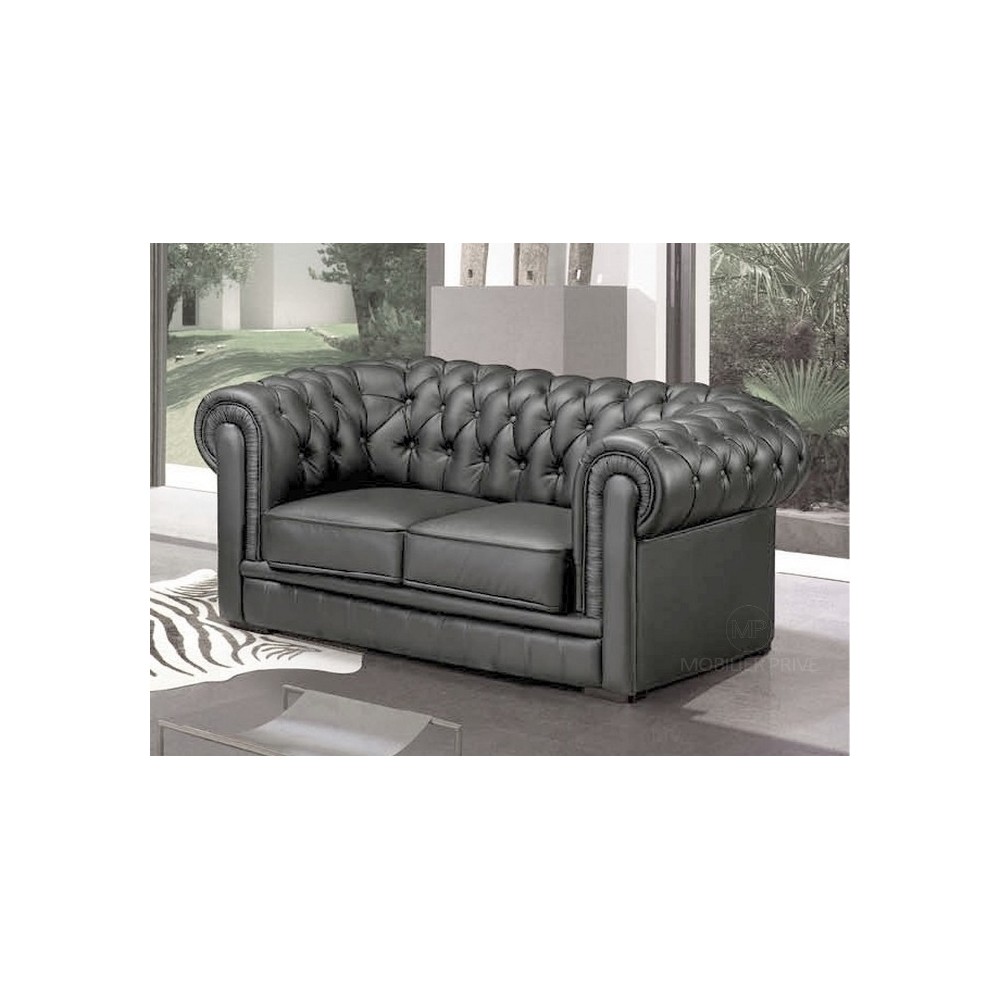 Canapé 2 places en cuir italien CHESTERFIELD, gris foncé
