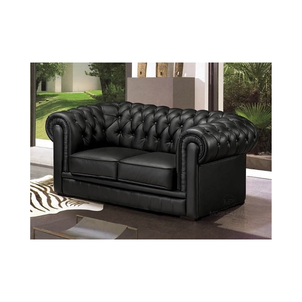 Canapé 2 places en cuir italien CHESTERFIELD, noir