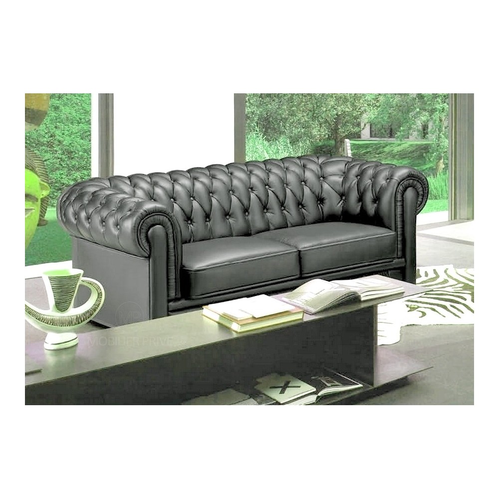 Canapé 3 places en cuir italien CHESTERFIELD, gris foncé