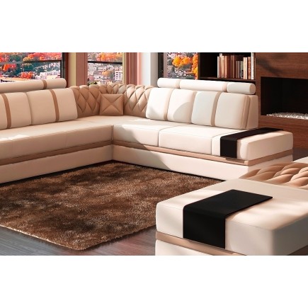 Canapé d'angle en cuir italien 6/7 places RIVA, blanc et beige, angle droit