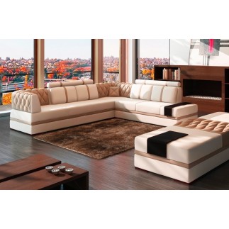 Canapé d'angle en cuir italien 6/7 places RIVA, blanc et beige
