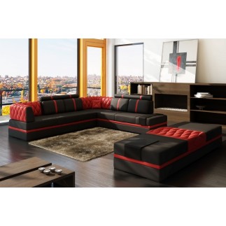 Canapé d'angle en cuir italien 6/7 places RIVA, noir et rouge, angle droit