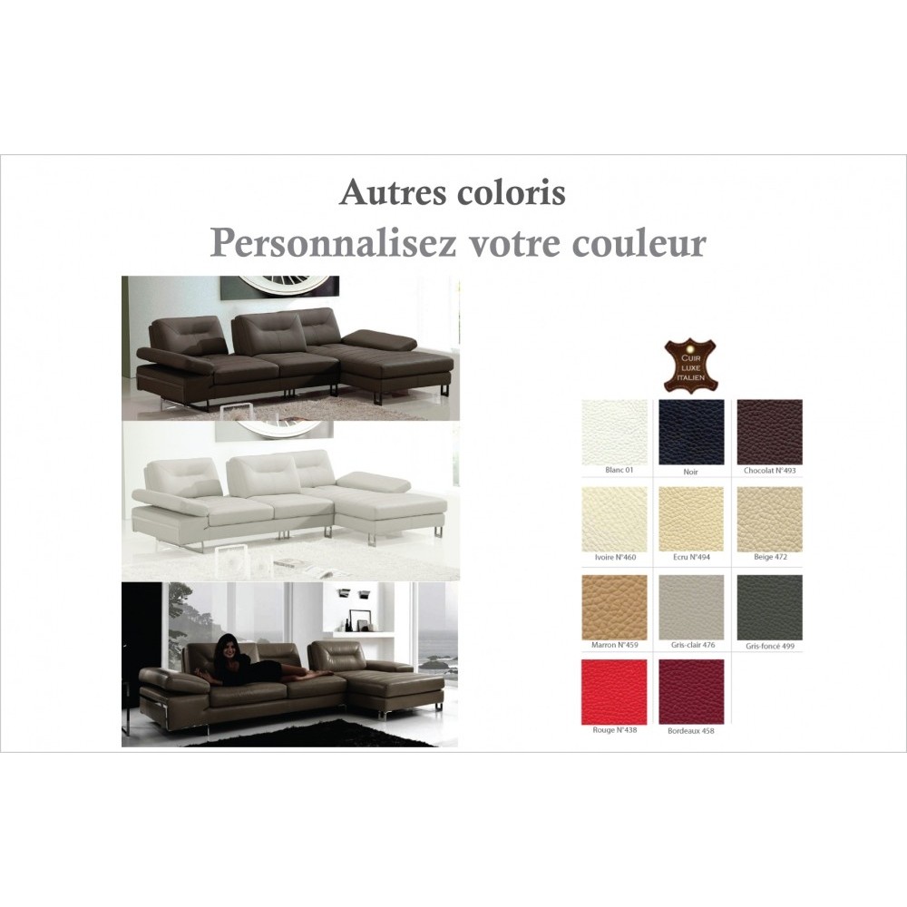 Canapé d'angle en cuir italien 5 places LOUNGE, couleur personnalisée, angle droit