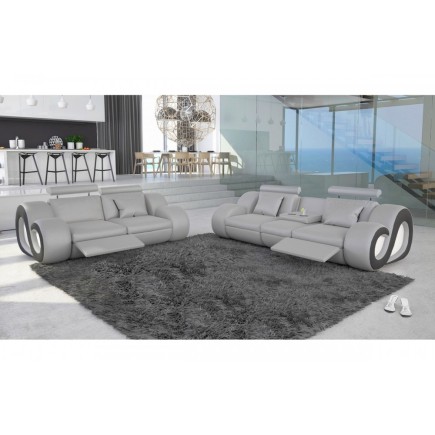 Canapé 3 places en cuir supérieur luxe haut de gamme italien MONRELAX, gris clair et noir