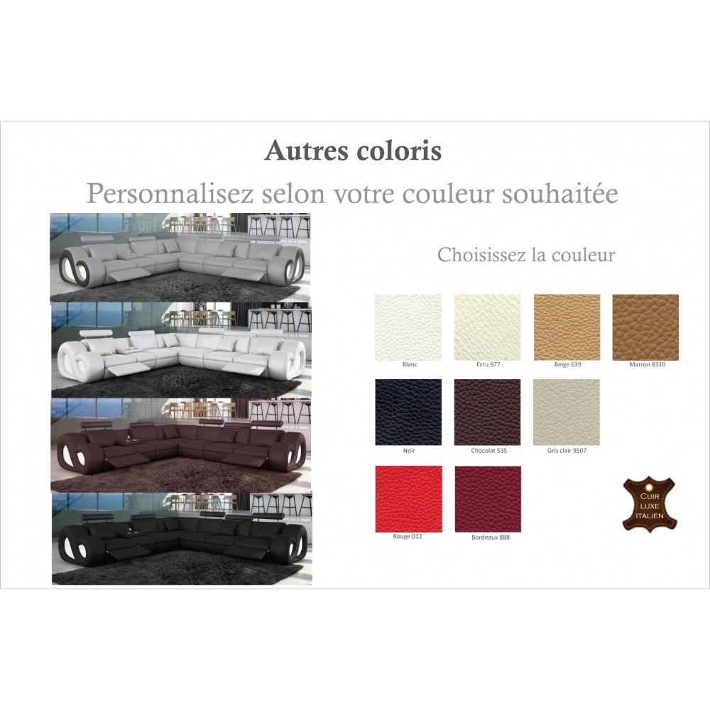 Canapé d'angle en cuir italien 7 places LOVE, couleur personnalisée, angle gauche