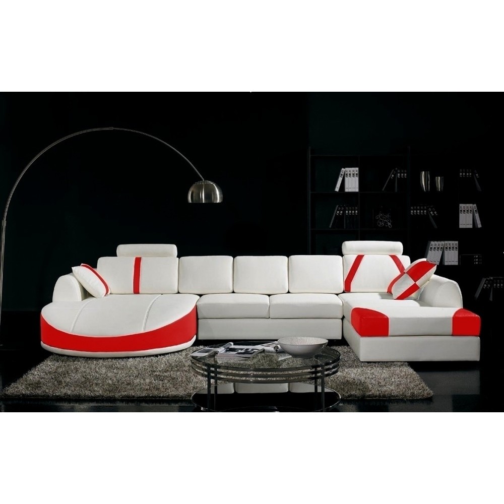 Canapé d'angle en cuir italien 7/8 places OSCAR NAPLES, blanc et rouge, angle droit