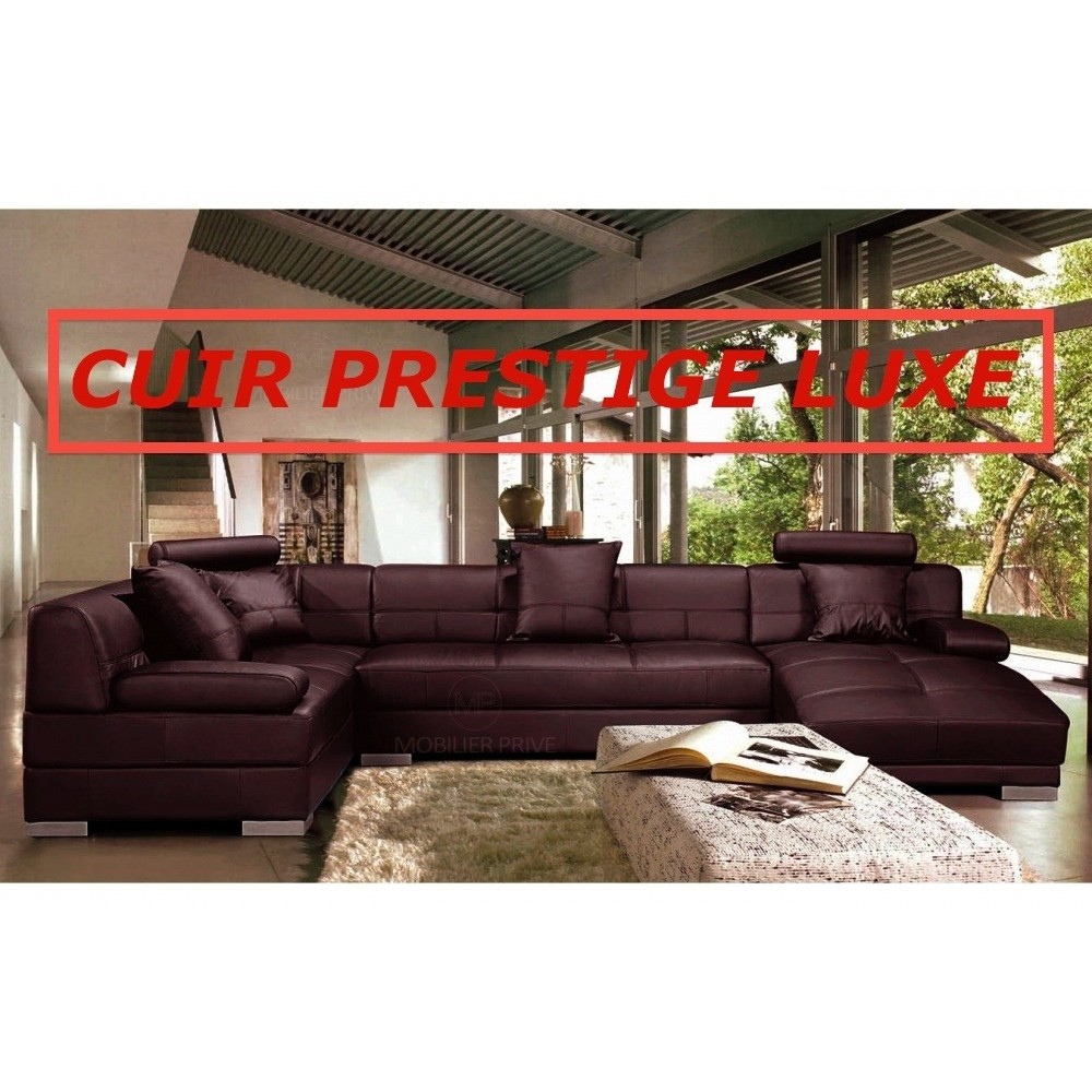 Canapé d'angle en cuir Prestige luxe italien 8 places NAPOLI, chocolat, Ecru, angle gauche