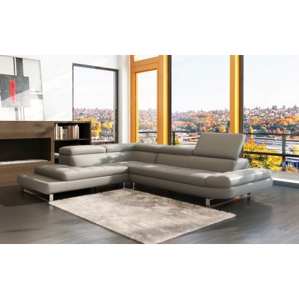 Canapé d'angle en cuir italien 5/6 places Grand CITY, gris clair