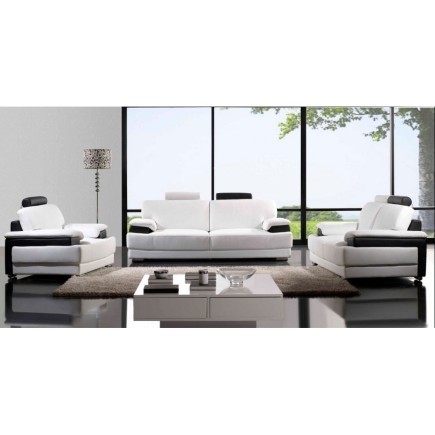 Ensemble CAPRI, 3 pièces: canapé 3 places + 2 places + fauteuil en cuir luxe haut de gamme italien vachette. Blanc et noir