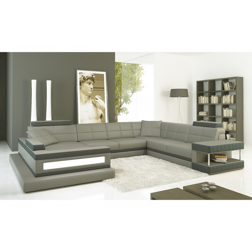 Canapé d'angle en cuir italien 8 places MAJESTIC, gris clair et gris foncé, Gris clair pastel / Gris foncé, angle droit