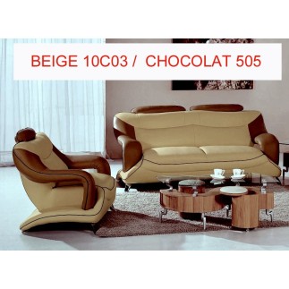 Ensemble VILLA composé d'un canapé 3 places et 2 places Cuir Prestige luxe. BEIGE N°10C03 ET CHOCOLAT N°505