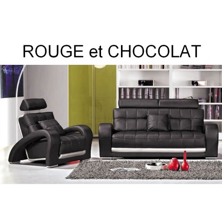 Ensemble CATANIA, composé d'un canapé 3 places et d'un fauteuil 1 place en cuir luxe italien vachette Vénésetti, Rouge et Chocol