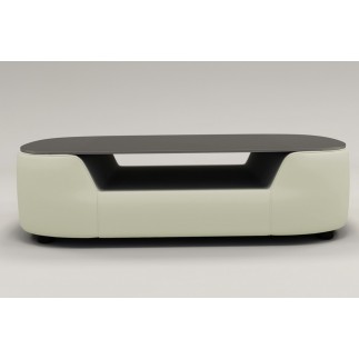 Table basse design, plateau de verre foncé, ALESIA, écru