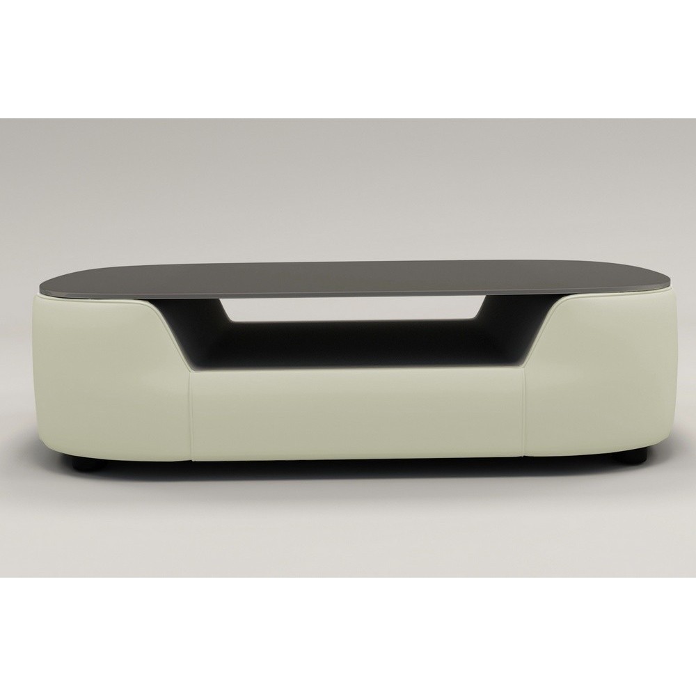 Table basse design, plateau de verre foncé, ALESIA, écru