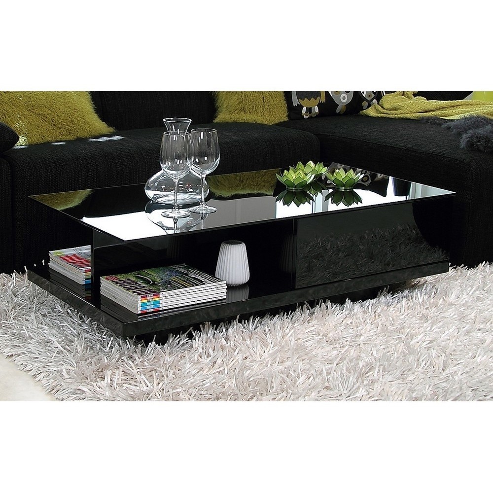 Table basse design, noir brillant, plateau de verre foncé, CINDY