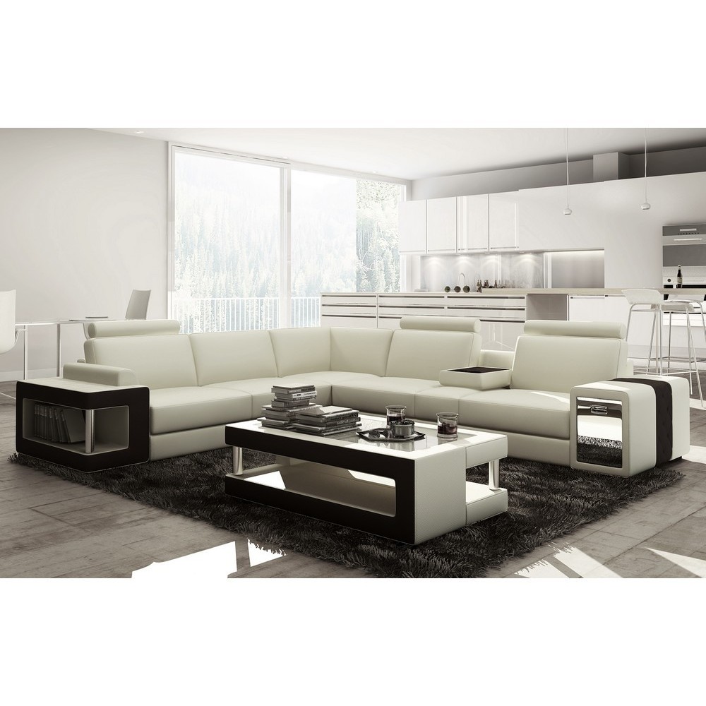 Canapé d'angle en cuir luxe italien 5/6 places XERUS, cuir haut de gamme italien vachette. Cuir Prestige luxe. blanc et noir, an