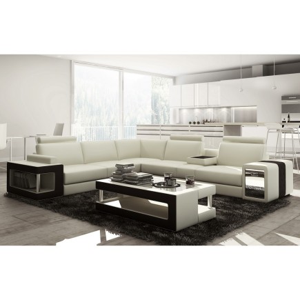 Canapé d'angle en cuir luxe italien 5/6 places XERUS, cuir haut de gamme italien vachette. Cuir Prestige luxe. blanc et noir, an