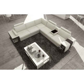 Canapé d'angle en cuir luxe italien 5/6 places XERUS, cuir haut de gamme italien vachette. Cuir Prestige luxe. blanc et noir, an