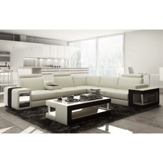 Canapé d'angle en cuir luxe italien 5/6 places XERUS, cuir haut de gamme italien vachette. Cuir Prestige luxe. blanc et noir, an