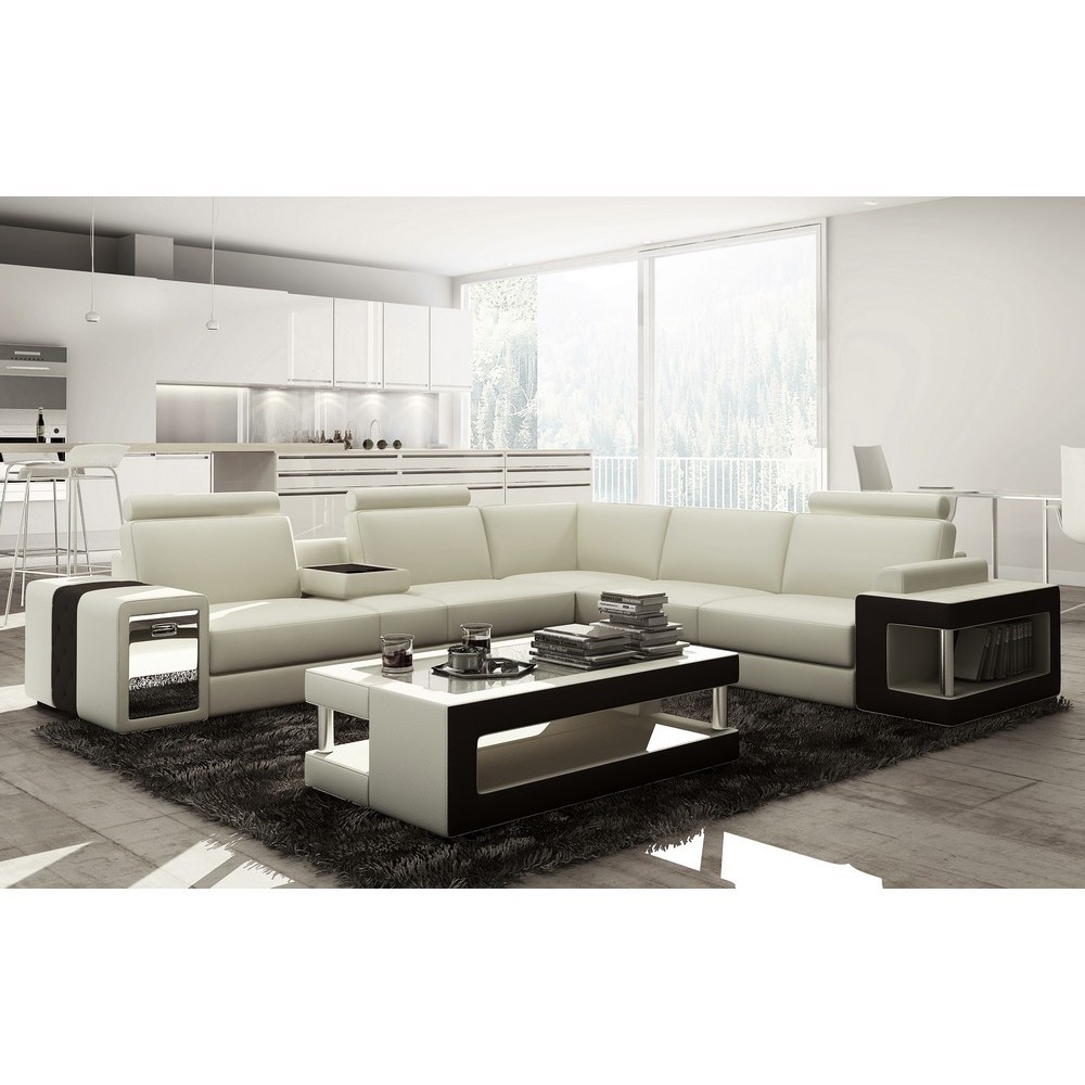 Canapé d'angle en cuir luxe italien 5/6 places XERUS, cuir haut de gamme italien vachette. Cuir Prestige luxe. blanc et noir, an