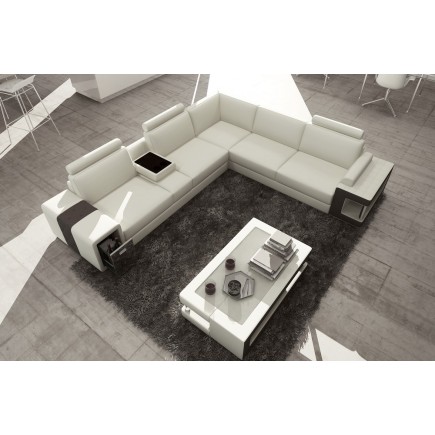 Canapé d'angle en cuir luxe italien 5/6 places XERUS, cuir haut de gamme italien vachette. Cuir Prestige luxe. blanc et noir, an