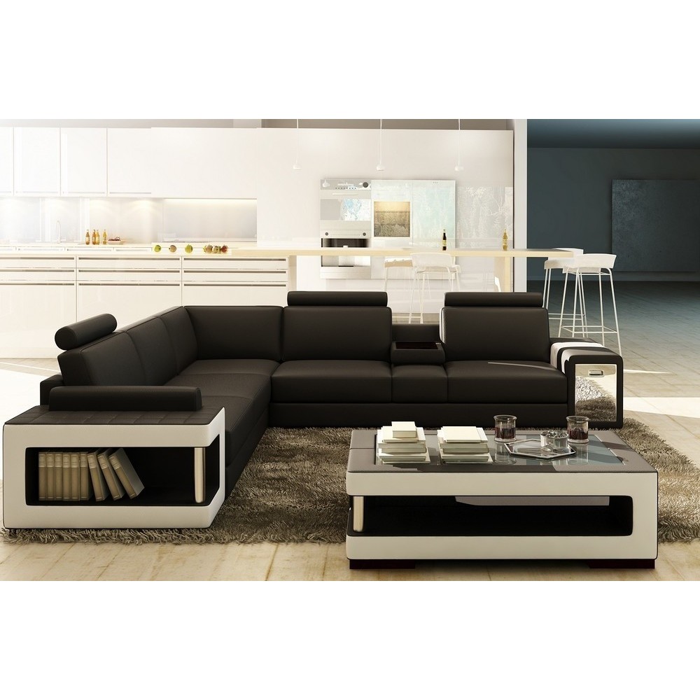 Canapé d'angle en cuir luxe italien 5/6 places XERUS, cuir haut de gamme italien vachette. Cuir Prestige luxe. Noir et blanc, an