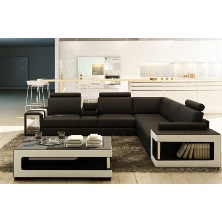 Canapé d'angle en cuir luxe italien 5/6 places XERUS, cuir haut de gamme italien vachette. Cuir Prestige luxe. Noir et blanc, an