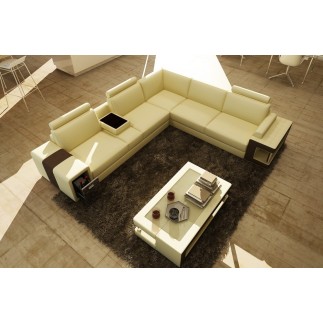Canapé d'angle en cuir luxe italien 5/6 places XERUS, cuir haut de gamme italien vachette. Cuir Prestige luxe. Ecru et chocolat,