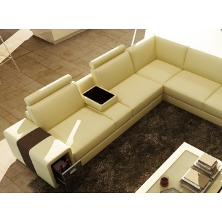 Canapé d'angle en cuir luxe italien 5/6 places XERUS, cuir haut de gamme italien vachette. Cuir Prestige luxe. Ecru et chocolat,