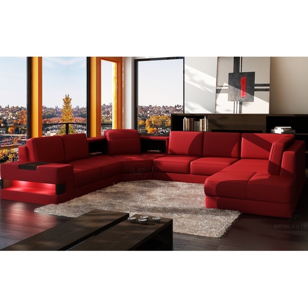 Canapé d'angle en cuir italien 7/8 places HOUSTON, rouge, angle gauche