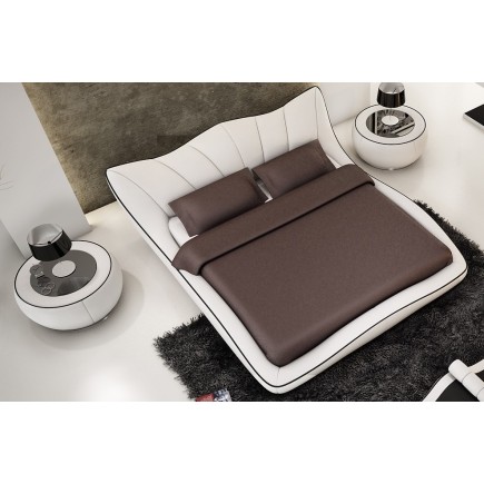Lit cuir CALIN contemporain 140x190 Blanc liseret Marron 601 Avec le sommier à lattes - Vénésetti