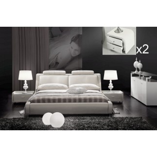 Lit en cuir italien de luxe LIVOURNE 180x200, blanc, avec 2 chevets Bery