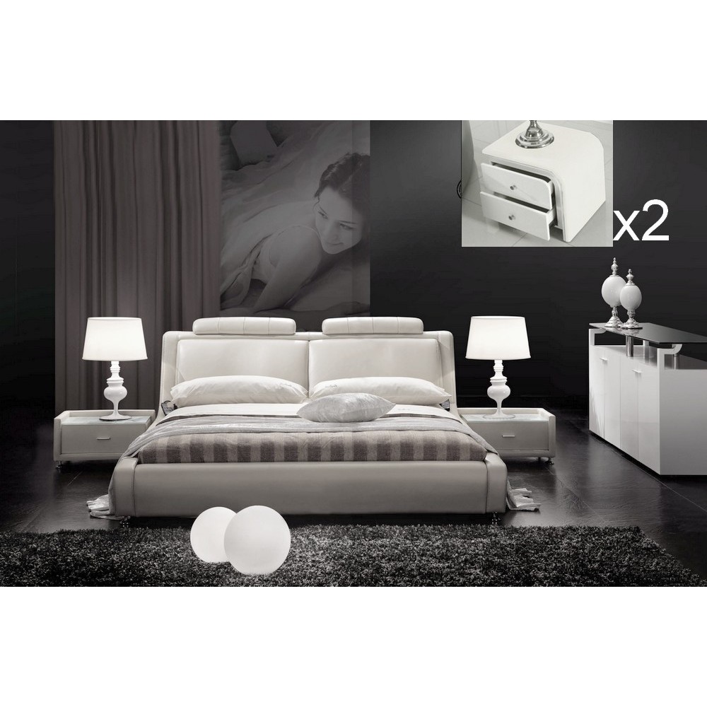 Lit en cuir italien de luxe LIVOURNE 180x200, blanc, avec 2 chevets Bery