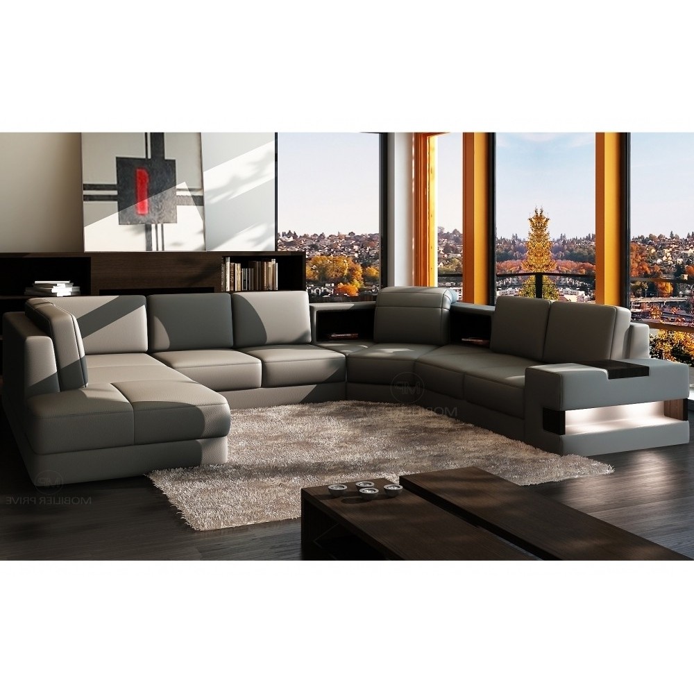 Canapé d'angle en cuir italien 7/8 places HOUSTON, gris foncé, angle droit