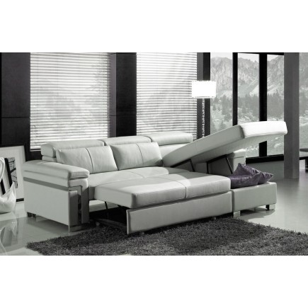 Canapé d'angle convertible en cuir buffle italien 5 places, ALLURE, blanc, angle droit
