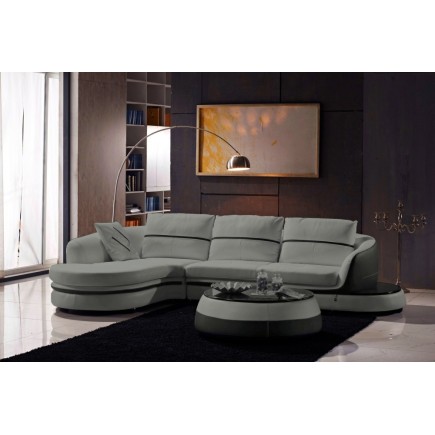Canapé d'angle cuir Buffle italien 5/6 places GENEVE, table offerte, gris clair et gris foncé, angle gauche