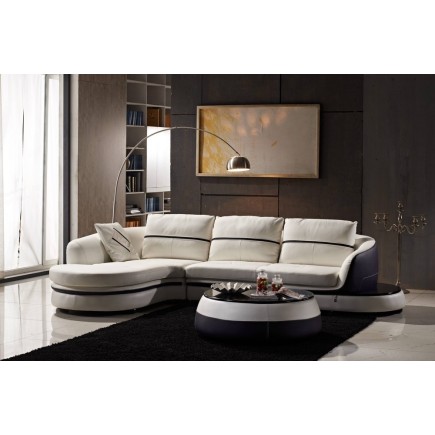 Canapé d'angle cuir Buffle italien 5/6 places GENEVE, table offerte, blanc et chocolat, angle gauche