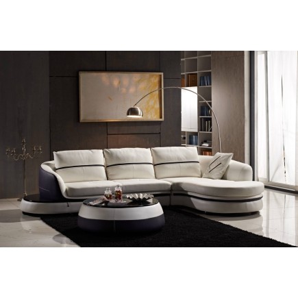 Canapé d'angle en cuir Buffle italien 5/6 places GENEVE, table offerte, blanc et chocolat, angle droit