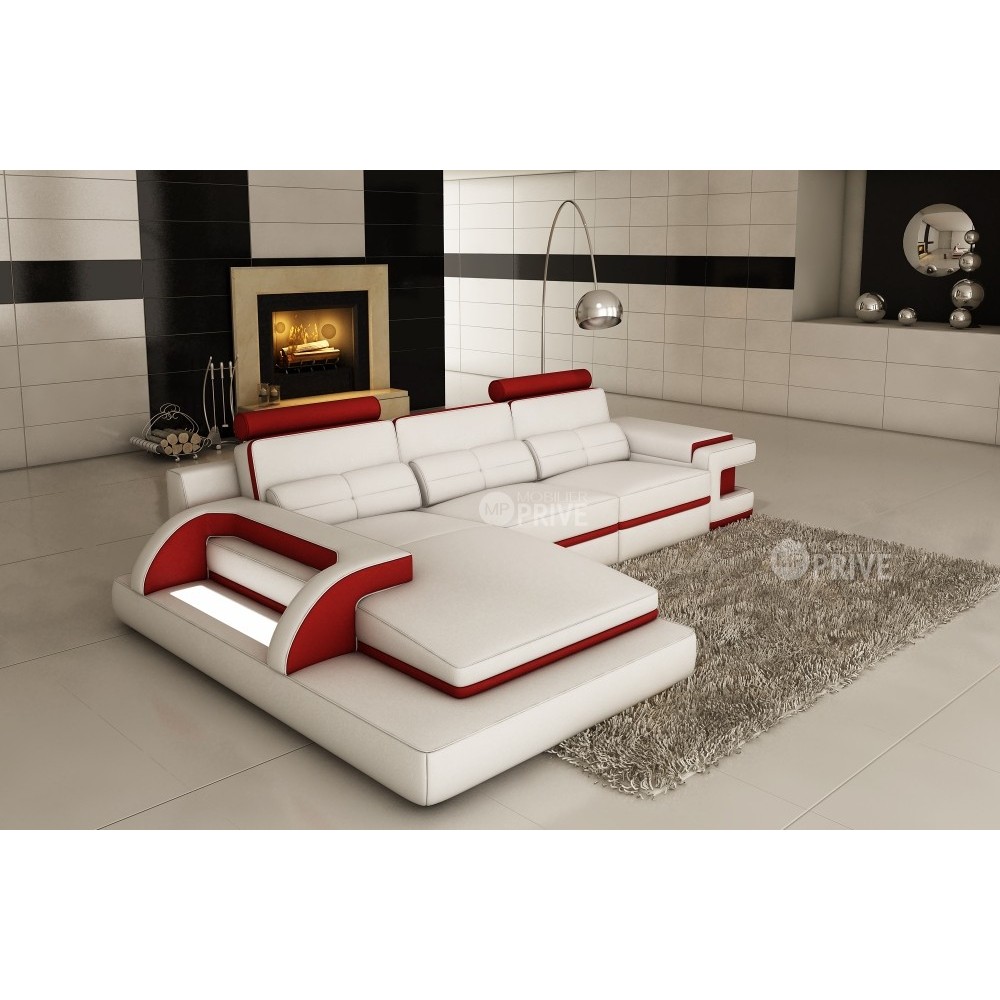 Canapé d'angle en cuir italien 6 places VINOTI, blanc et rouge, angle gauche
