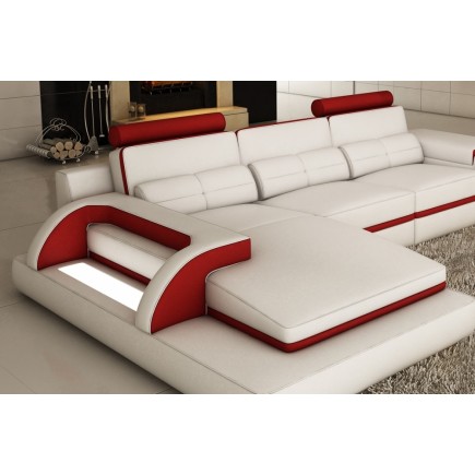 Canapé d'angle en cuir italien 6 places VINOTI, blanc et rouge, angle gauche