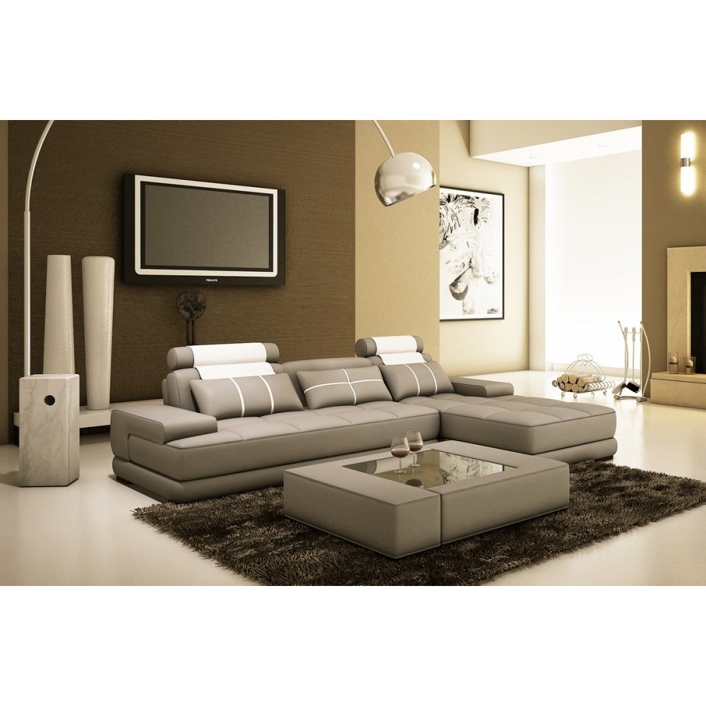 Canapé d'angle en cuir italien 5 places ELIXA, gris clair et blanc, Gris clair pastel, angle droit