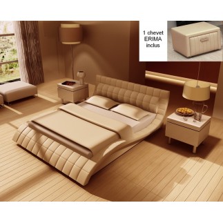 Lit design en cuir italien de luxe BELIA, beige, avec 1 chevet Erima inclus