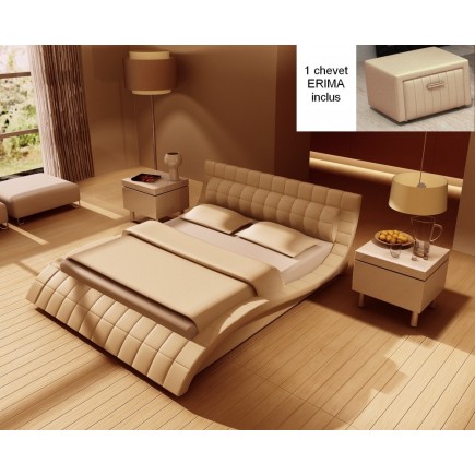 Lit design en cuir italien de luxe BELIA, beige, avec 1 chevet Erima inclus