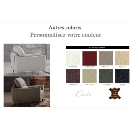Fauteuil 1 place en cuir italien buffle RIVOLI, couleurs personnalisées.