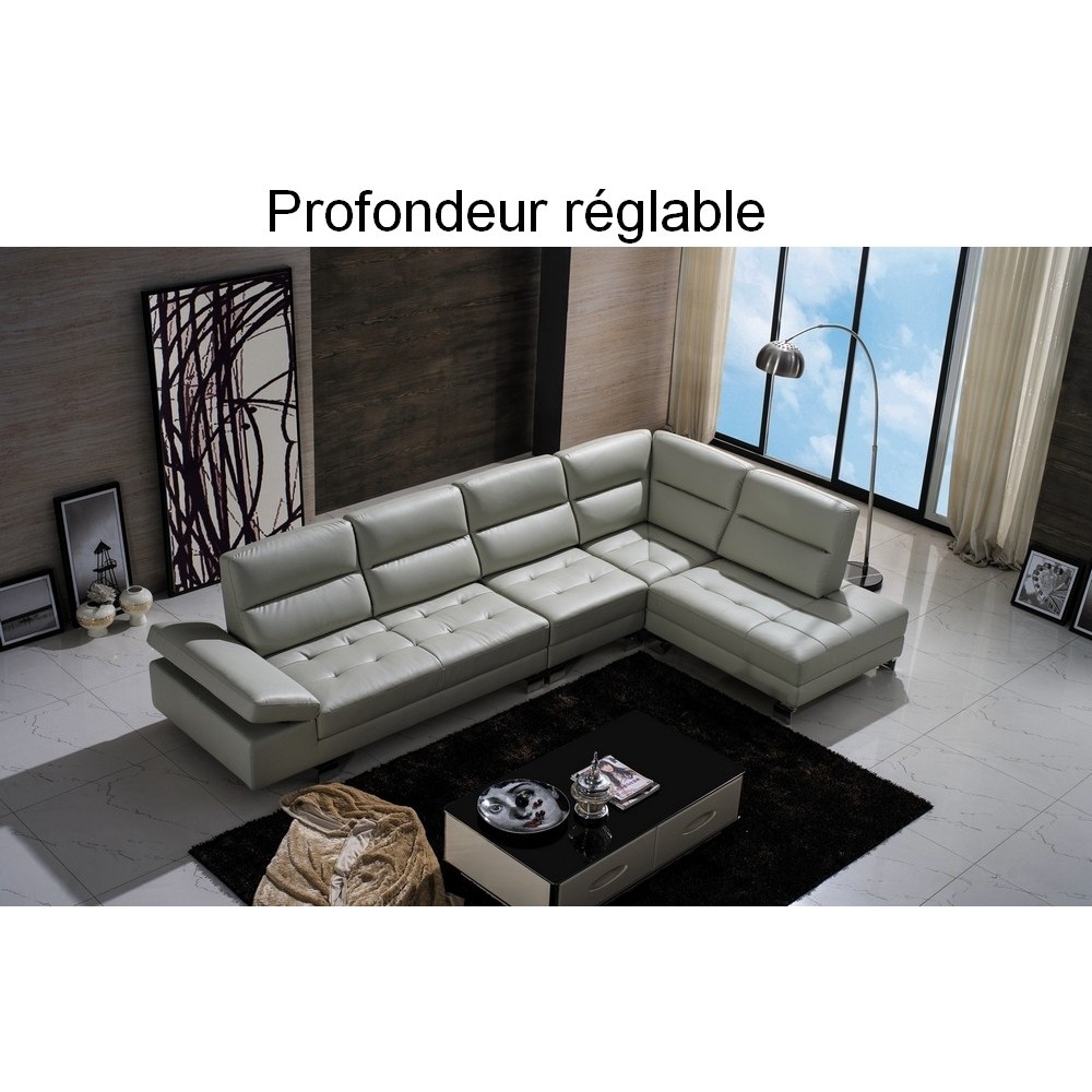 Canapé d'angle en cuir de buffle italien de luxe 6/7 places GIOVANI, gris clair, angle droit