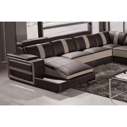 Canapé d'angle cuir buffle italien 7/8 places , LEONARDO, couleur chocolat et moka, angle droit