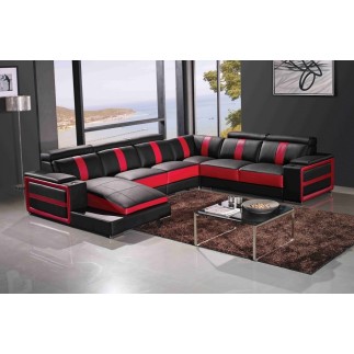 Canapé d'angle cuir buffle italien 7/8 places , LEONARDO, couleur noir et rouge, angle droit