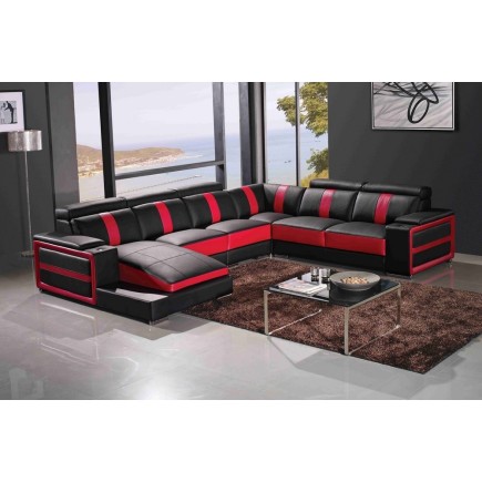 Canapé d'angle cuir buffle italien 7/8 places , LEONARDO, couleur noir et rouge, angle droit