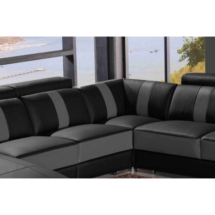 Canapé d'angle cuir buffle italien 7/8 places , LEONARDO, couleur noir et gris foncé, angle droit