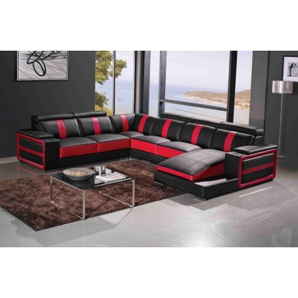 Canapé d'angle cuir buffle italien 7/8 places , LEONARDO, couleur noir et rouge, angle gauche